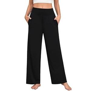Braroz Womens Casual Soft Comfy Drape Flowy Lounge Pants Elastic High Waisted Palazzo Pajama Bottoms with Pockets Black L