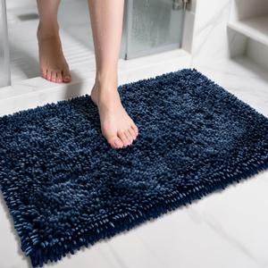 Yimobra Chenille Bathroom Rugs Non Slip, Extra Thick Soft Absorbent Bath Rug 31.5x20 Inch, Machine Washable Quick Dry Bath Mat for Bathroom Floor, Tub and Shower, Home Decor Accessories, Navy Blue
