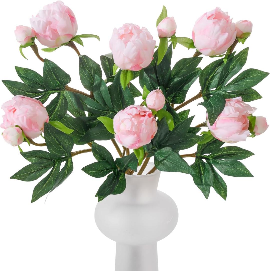 6Pcs Realistic Pink Artificial Peony Flowers,18.9 Inch Double Heads Silk Fake Peonies Flowers with Long Stem for Vase Arrangement,Wedding Centerpieces,Indoor Decor