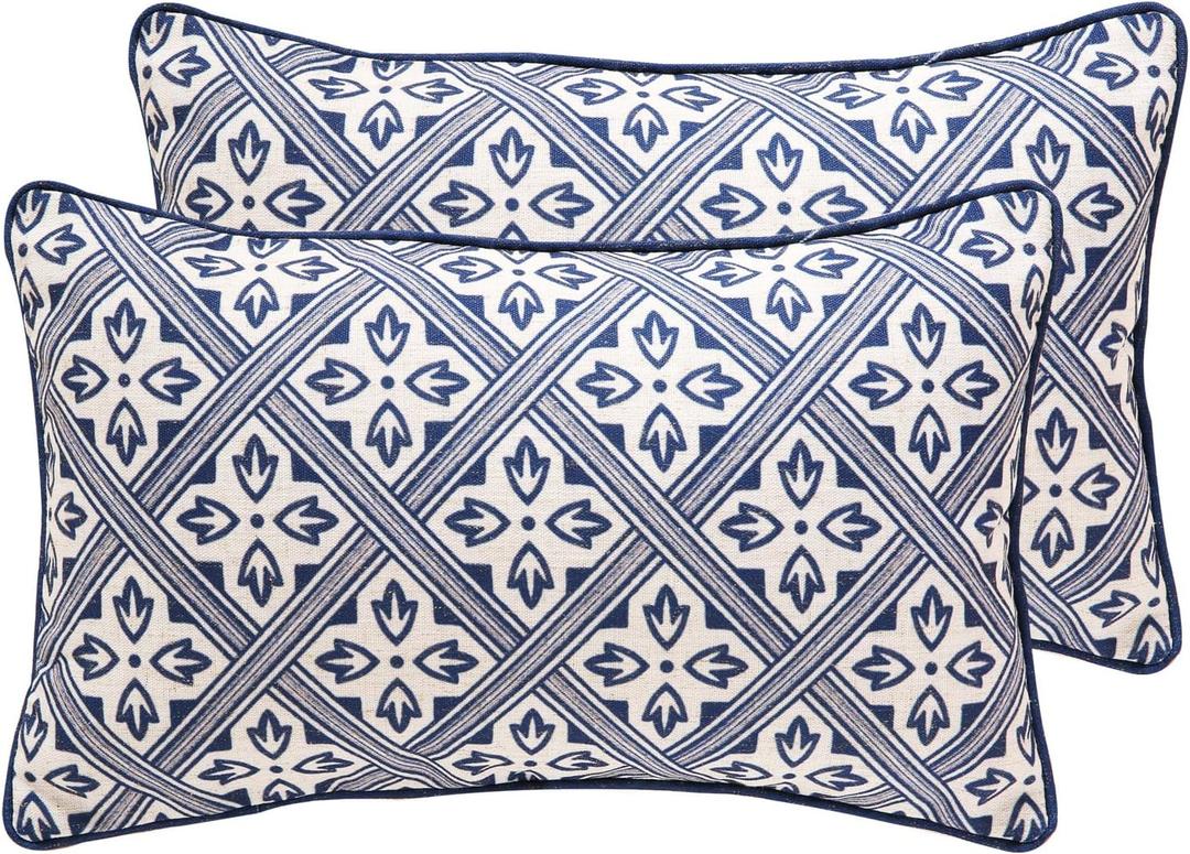 Designer Throw Pillow Covers Set of 2,Chinoiserie Blue Elegant Linen with Striped Floral Pattern Pillow Cover,Decorative Lumbar Pillowcases Cushion for Bed Living Room Outdoor Car,12"x20