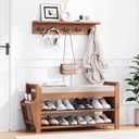 PETKABOO 31.5" Shoe Bench with Coat Rack Hidden Drawer and Side Holder, 2 Tier Entryway Bench with Storage 39.4 in, Bamboo Shoe Rack with Cushion for Entryway Hallway Living Room Bedroom