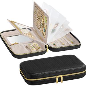 SONGMICS HOME Travel Jewelry Case, Jewelry Organizer Box with Mirror, Jewelry Pouch, Woven Embossed PU Leather, Hard Shell, Large Capacity, Gift Idea, Ink Black UJBC204B01