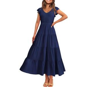 PRETTYGARDEN Women's Summer Flowy Maxi Dress Casual Cap Sleeve V Neck Smocked Beach Sundress Size L, Solid Navy