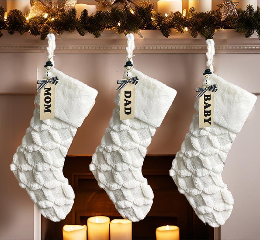 AOGU 3 Pack 18 Inch Faux Fur Christmas Stockings Cable Knit Knitted Thick Snowy White Xmas Christmas Stockings Hanging Ornaments Candy Gift Bags for Christmas Decorations