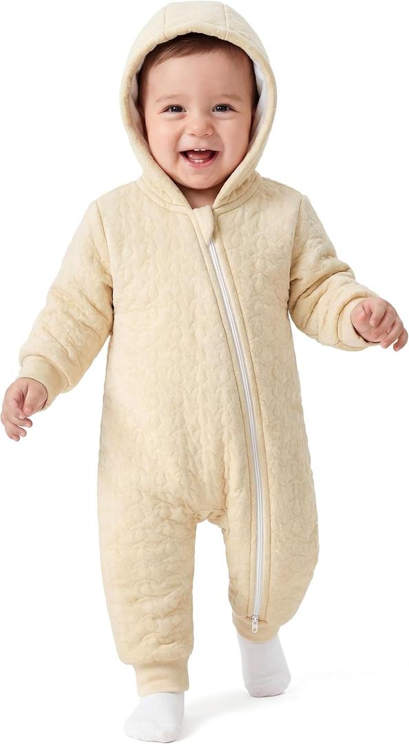 Unnivoll Baby Winter Clothes Cotton Baby Snowsuit for Boys Girls Long Sleeve Onesie Hooded Romper Newborn Jumpsuit Outfits (6-12 Months, Apricot)