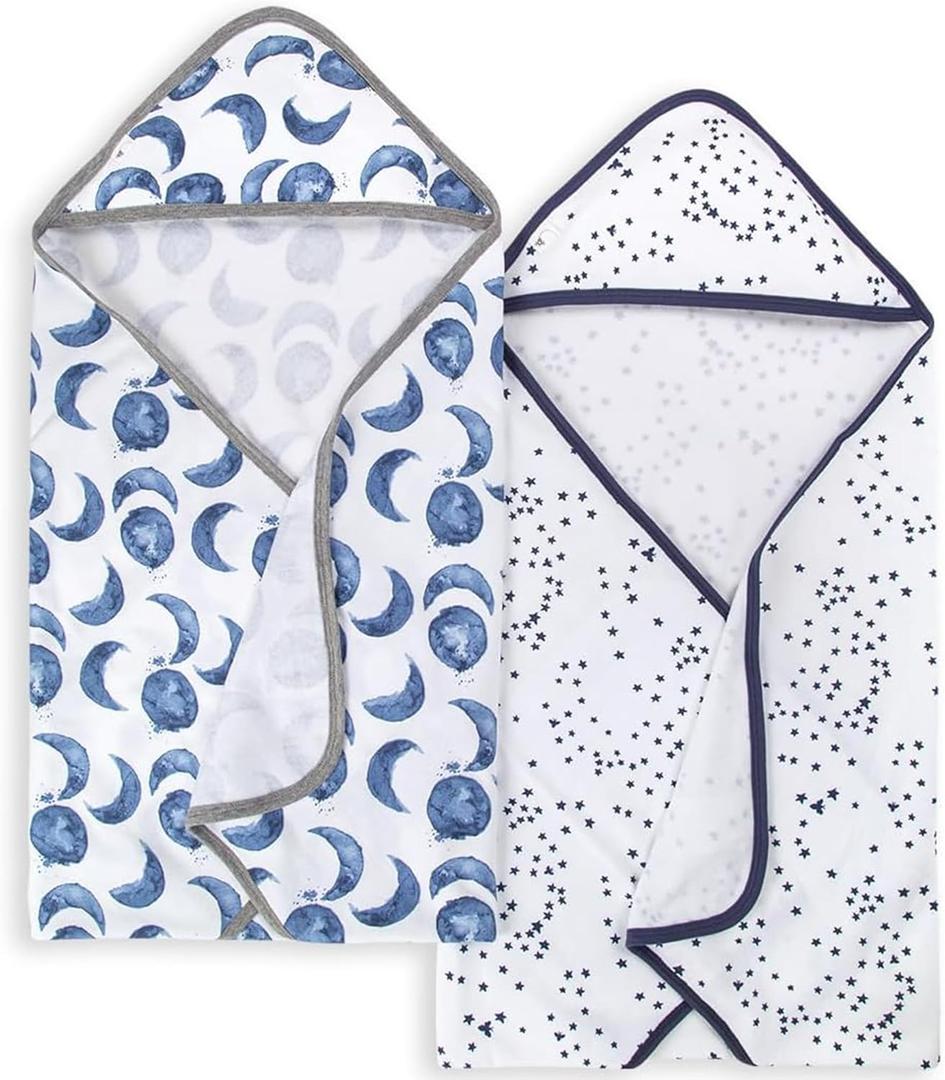 Burts Bees Baby Infant Hooded Towels Hello Moon! Organic Cotton, Unisex Bath Essentials and Newborn Necessities, Soft Nursery Towel with Hood Set, 2-Pack Size 29 x 29 Inch