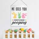 Funny Easter Bunny Bathroom Decor Easter Rabbit He Sees You When You're Pooping Hanging Wooden Signs for Bathroom Toilet Restroom Decorations