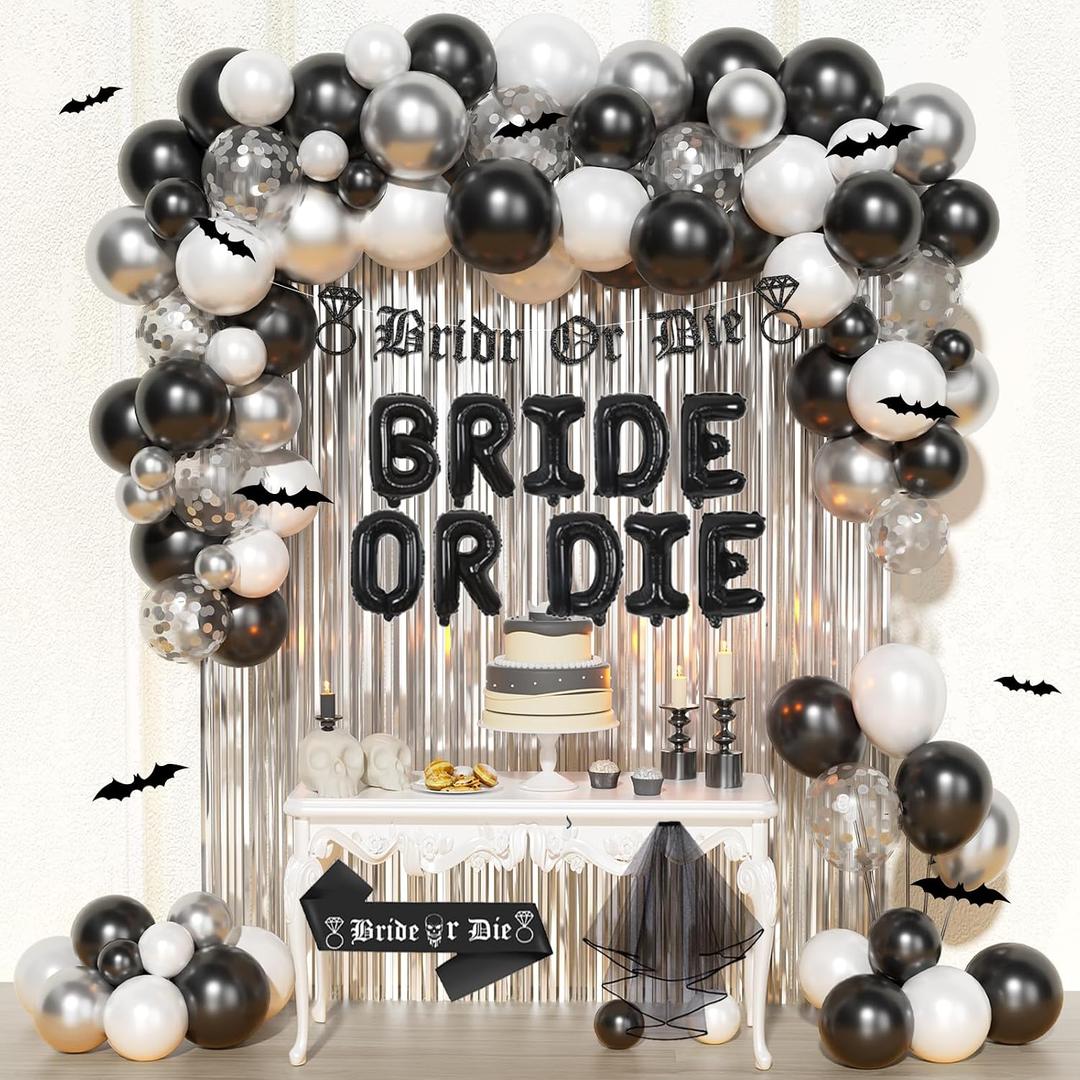 Party Inspo Bride or Die Bachelorette Party Decorations - 128 PCs Till Death Do Us Party Supplies with Fringe Curtain, Balloon, Banner, Veil and Sash for Halloween Gothic Bridal Shower