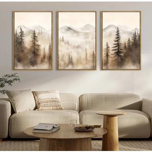 IARTTOP Large Mountain Forest Framed Canvas Wall Art 16x24 Inch Set of 3 Abstract Misty Woodland Painting Modern Farmhouse Art Prints for Living room Dining room