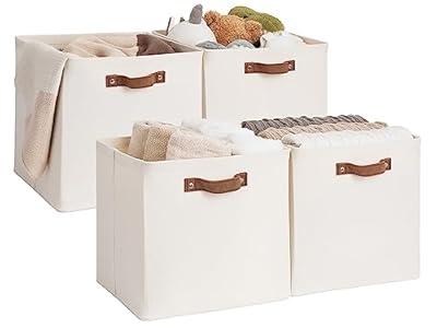 StorageWorks 13x13 Inches Storage Cube, Fabric Storage Bins with PU Handles, Collapsible Organizer Baskets for Closet, Beige, 4-Pack