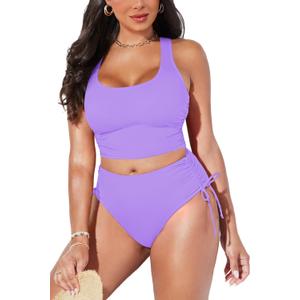 Pink Queen Women Racerback Ruched Crop Top High Waisted Bikini Sets 2 Piece Swimsuit Bathing Suit 2026 (Purple, L)