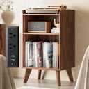 Record Player Stand, Turntable Stand with Record Storage and Charging Station & USB Ports, Record Player Table with Metal Divider, Record Stand Up to 160 Albums for Living Room, Bedroom Walnut, 19.6" x 15.7" x 31.8"