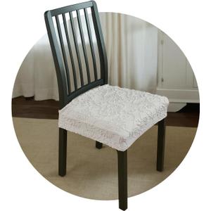 Pro Fit Dining Chair Seat Covers (Off-White, Set of 2)  Embossed Stretch Slip Covers with Rear Flap and Raised Jacquard Design, Elastic Seat Protectors, Machine Washable for Kitchen Chairs