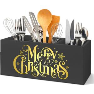 SNNDER Merry Christmas Kitchen Utensils Holder with 3 Compartments, Gold Christmas Xmas Snowflake Winter Holiday Wooden Utensil Holder Organizer for Kitchen Counter Shelf Table Decor Desktop Organizer