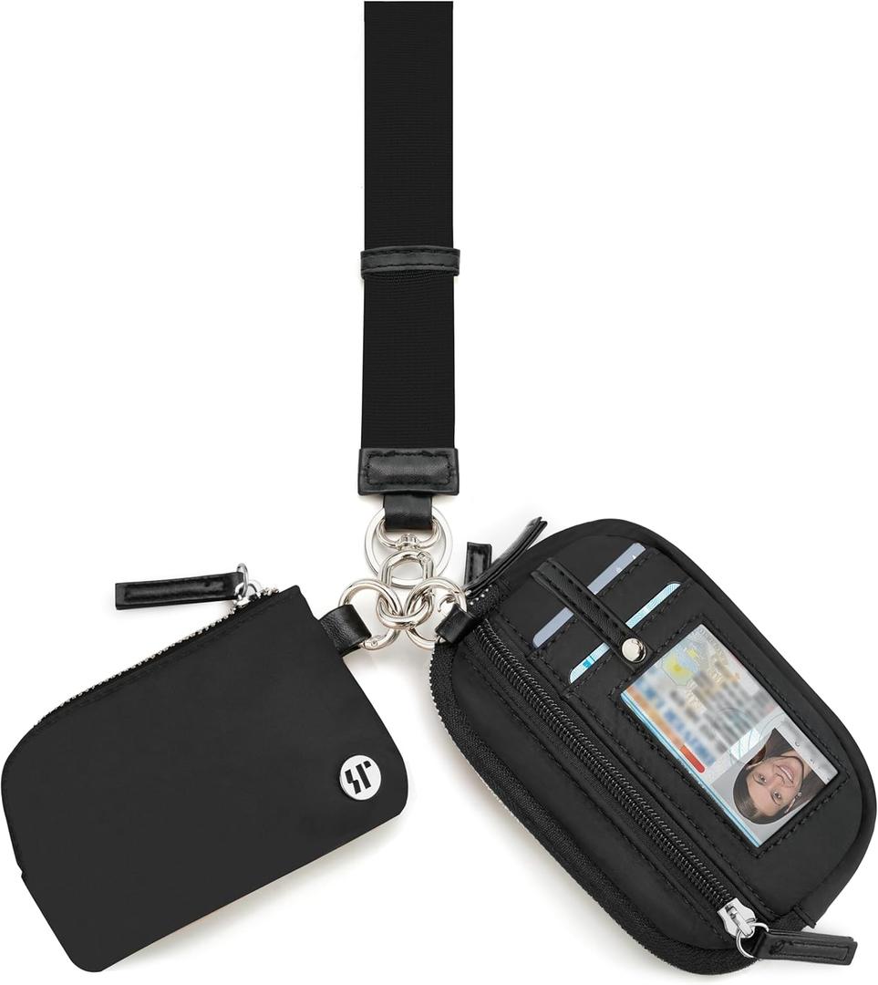 Nylon Wallet Wristlet for Women,RFID Wallet Keychain Small Wallets Woman with Coin Purse & ID Window (Black Silver)