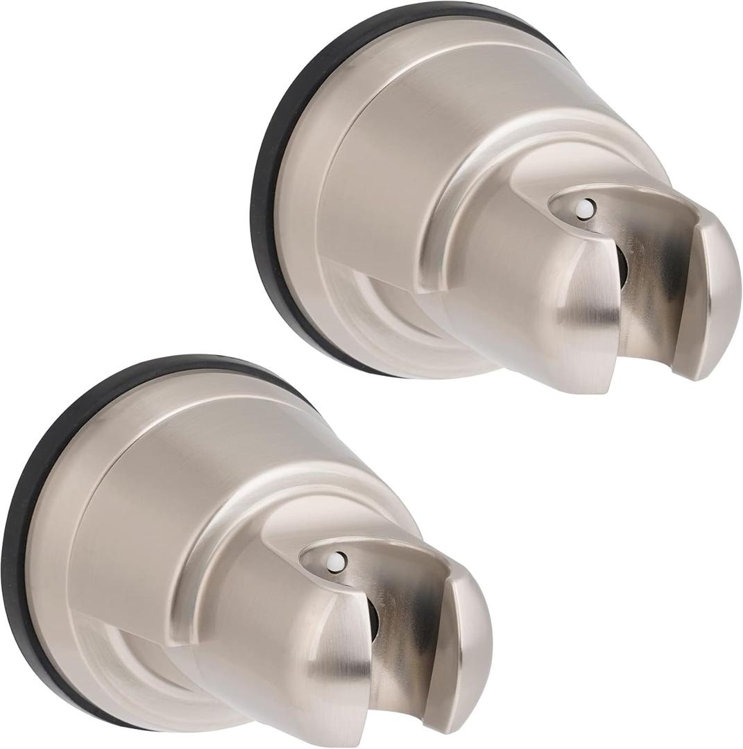 2 Pack Vacuum Suction Cup Shower Head Holder, Removable Shower Head Bracket, Height Adjustable Wall Mount ABS Plastic Suction Holder for Handheld Showerhead, Brushed Nickel