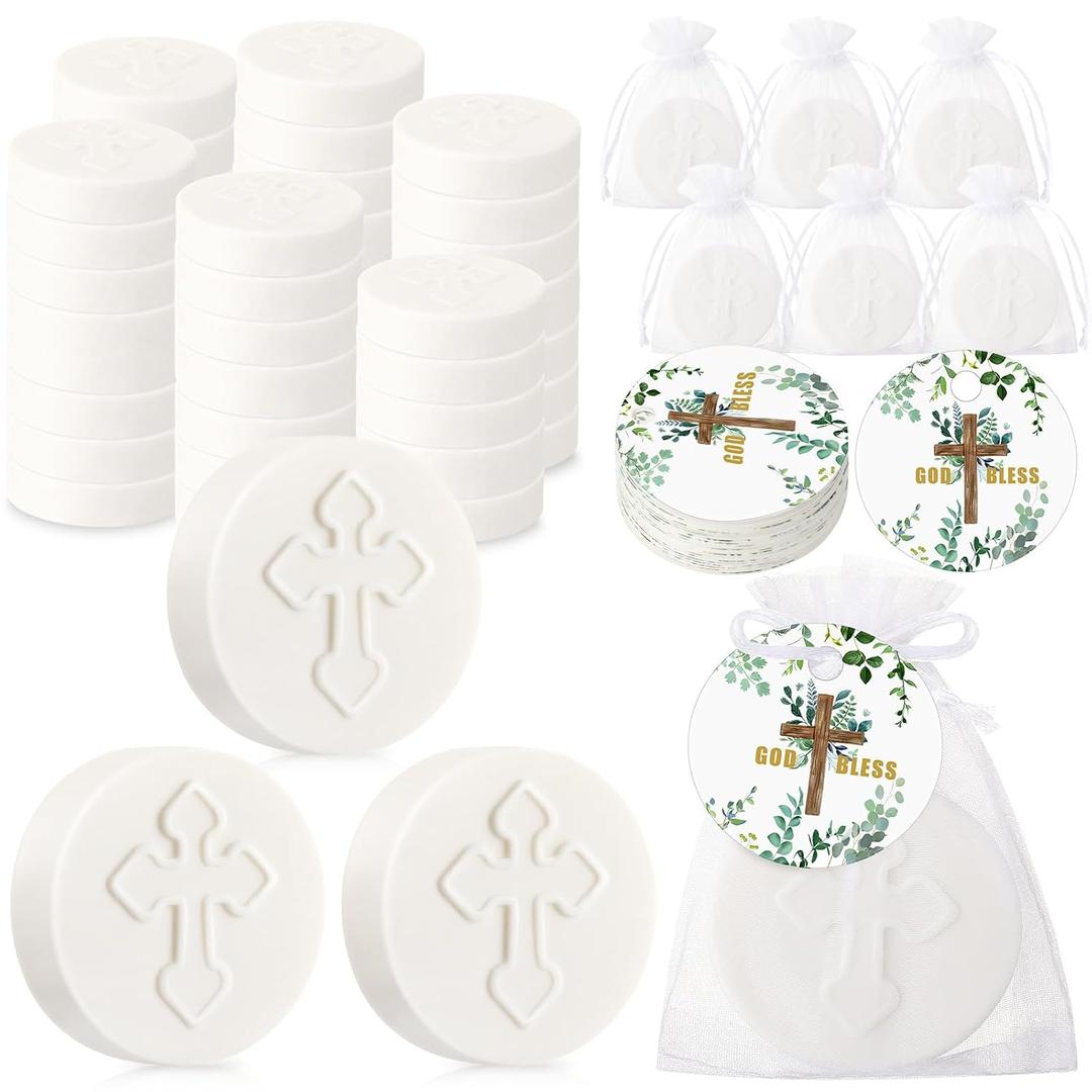 50 Pcs Cross Soap Baptism Favors Set Baby Baptism Favor Scented Soap Favors for Baby Shower Christening Communion Wedding Bridal Party Guests Decoration (White)