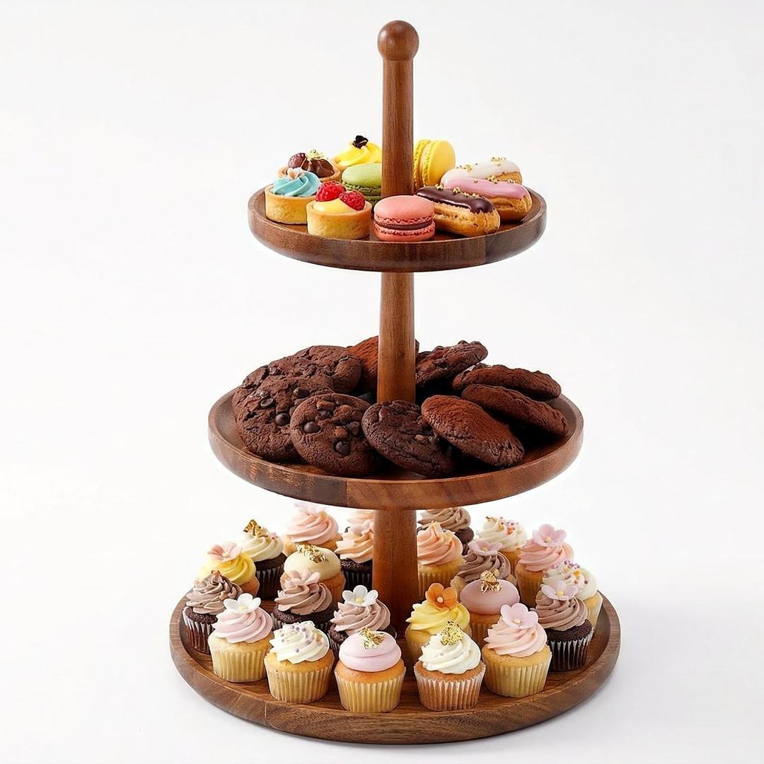 BURMAN Cupcake Stand Dessert Table Display Set 2 in 1 Adjustable Height Rustic Natural Acacia Cupcake Holder Round Wood Tray Three Tiered Serving Stand with Rotating Wheels, Anti Slip Stickers