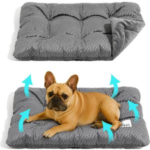 FUNNY FUZZY Washable Dog Crate Pad 30x20, Double-Sided Cooling Linen & Sherpa, Flat Crate Mat/Kennel Pad, Rectangle Dog Bed for Medium Dogs & Cats, Charcoal Grey