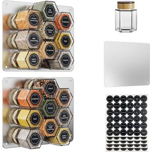 Set of 18 Magnetic Glass Spice Tins with 100 Preprinted Seasoning Label Stickers (Includes Black Metal Wall-Plates)