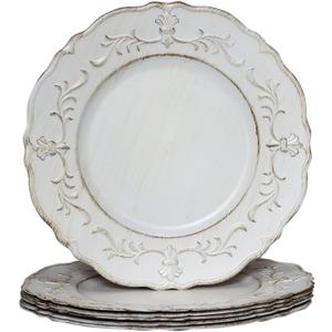 Spsyrine White Antique Charger Plate, 13" Embossed Plastic Table Plate Chargers for Dinner, Set of 6 Elegant Decorations for Wedding, Dining, Party Events.