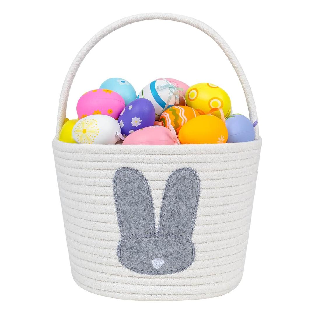 CubesLand Easter Basket for Kids Boys and Girls, Adorable Bunny Basket for Easter Egg Hunts, Soft & Safe Babys First Easter Basket, Sturdy Cotton Rope Empty Gift Basket, Festive Dcor- Grey-Large (Style 1-Grey)