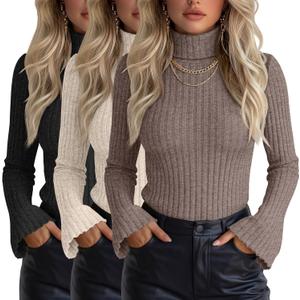 3 x 3 Pack Women's Turtleneck Sweaters Ribbed Knitted Bell Long Sleeve Pullover Shirt Basic Tops Fall Winter(Light Coffee, Apricot, Black,Large) (Black, L)