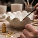 8 Inch Small Lotus Ceramic Decorative Bowl, about15 oz Capacity, Modern Ruffle Lotus Leaf with Gold TrimDesign,Decorative Centerpiece for Entryway Tables, Coffee Tables,Kitchen Counters