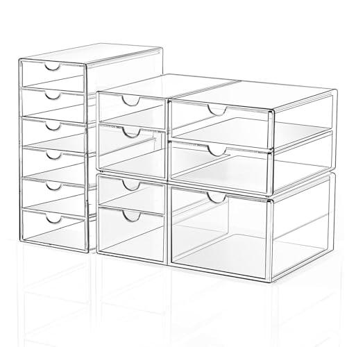 Makeup Drawer Storage Organizer with 13 Drawers, 2  Set Acrylic Office Desk Organization and Storage, Dustproof Drawer Organizer for Makeup, Office, Countertop, Jewelry, Pen, Desktop, Bathroom, Bedroom