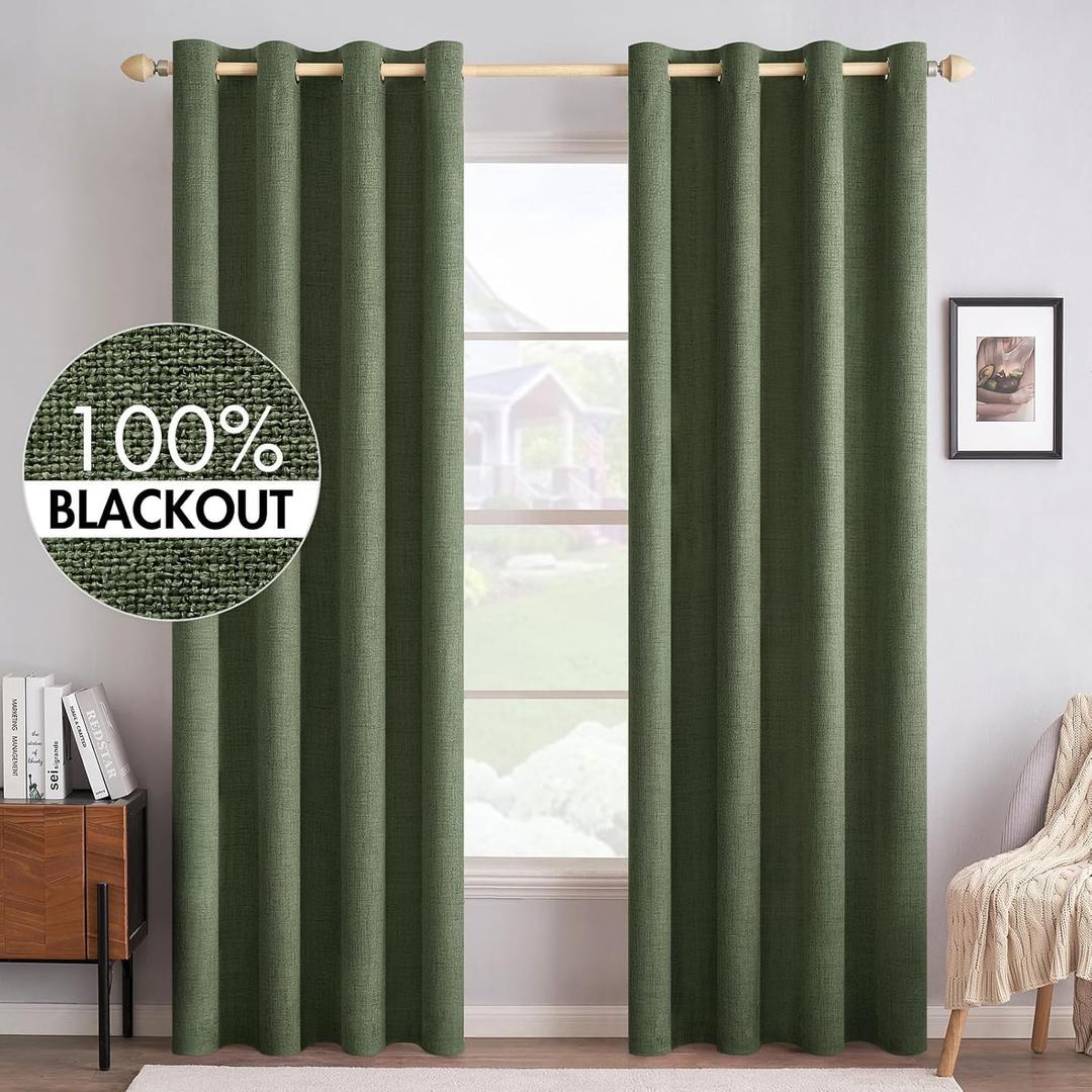 MIULEE 100% Blackout Linen Textured Curtains for Bedroom Solid Thermal Insulated Olive Green Grommet Room Darkening Curtains & Drapes Luxury Decor for Living Room Nursery 52 x 84 Inch (2 Panels)