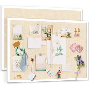 Cork Board with Linen 36x24 inch Bulletin Board Office Decor Hanging Pin Wood Framed Display Picture Vision Board Light for Wall School Office Bedroom (White, 2 Pack 3624)