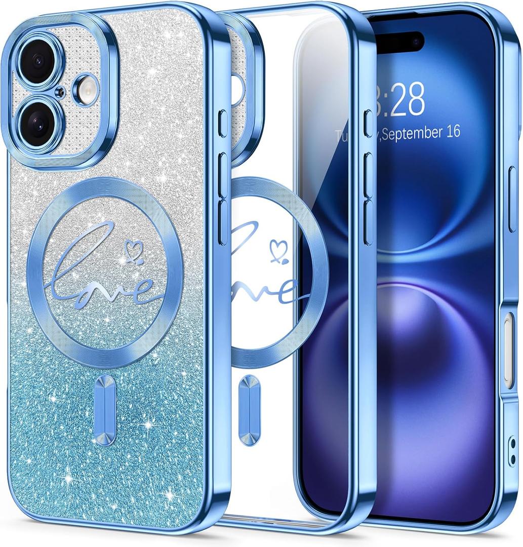 Hython for iPhone 16 Plus Case Glitter, Compatible with MagSafe Love Heart Magnetic Clear Phone Cases for Women Girls, Full Camera Protection Sparkle Plating Shockproof Protective Cover, Light Blue