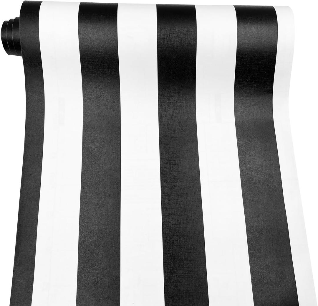 LovingWay 14.7 feet Wallpaper Roll Two-Tone Drawer Liner 17.7x177 Inch Self-Adhesive Corner Shelving Paper Multi Use Furniture PVC Protector Black White Stripes