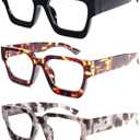 REAVEE 3 Pack Thick Frame Reading Glasses for Women Men, Oversized Fashion Blue Light Blocking Readers Spring Hinge