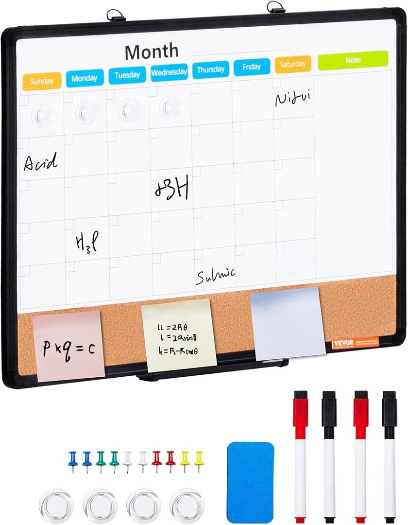 VEVOR 24"x 18" Monthly Calendar Whiteboard & Cork Board Combo with Aluminum Frame  2-in-1 Magnetic Dry Erase Bulletin Board for Wall Mount  Ideal for School, Home, Office