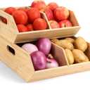 2 Set Pantry Organizers and Storage Bins, Bamboo Stackable Baskets for Potatoes, Onion, Bread, Vegetables - Bamboo Pantry Organizer Containers for Drawer, Cabinet, Countertop