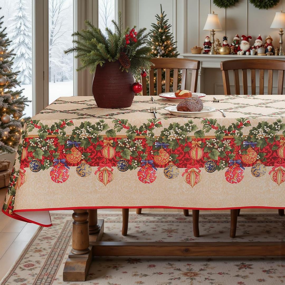 Christmas Tablecloth Rectangle 60x120 Inch Red Holly Berry Ornament Ball Waterproof Durable Vintage Santa Table Cloth, Xmas Table Cover for Holiday, Winter, Farmhouse Party, Beige