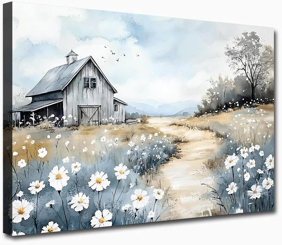Farmhouse Barn Canvas Wall Art Rustic Farm Nature Poster Pictures Rustic Country Painting Nature Scenery Picture French Countryside Poster Blue Wildflower Barn Print for Room Decor 16x24inch Unframed