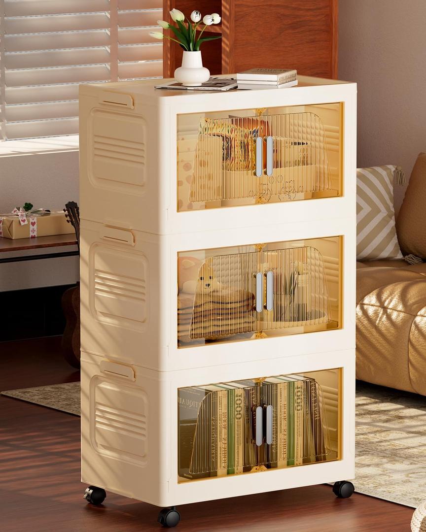 228QT Stackable Storage Bins with Lids 3 Pack, 57Gal Storage Containers with Smooth-Rolling Wheels, Plastic Closet Organizers and Storage, Collapsible Storage Bins for Home, Office and Dorm