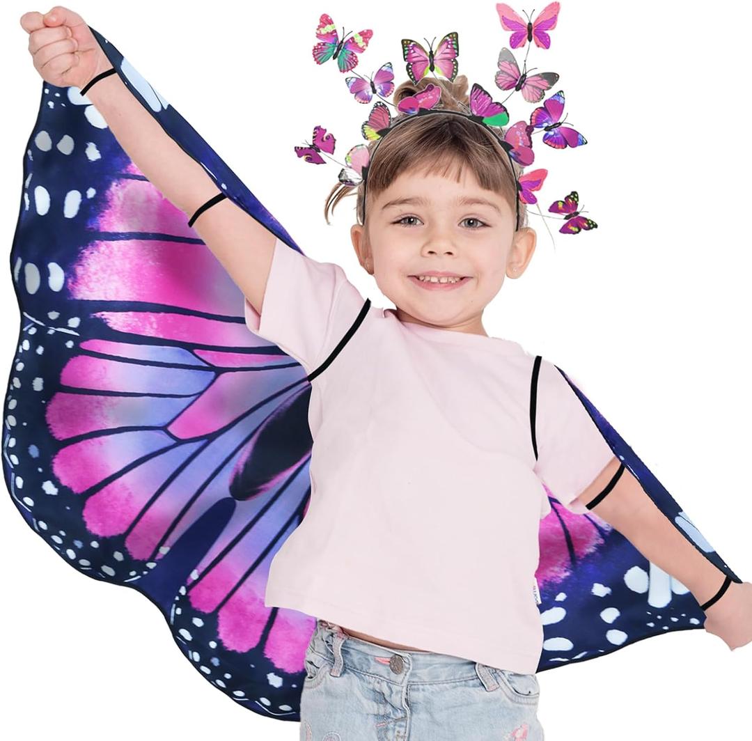 iROLWIN Double Sided Kids Butterfly Wings for Toddler Girls Fairy Dress Up Costume Butterfly Cape Headband Halloween Gifts