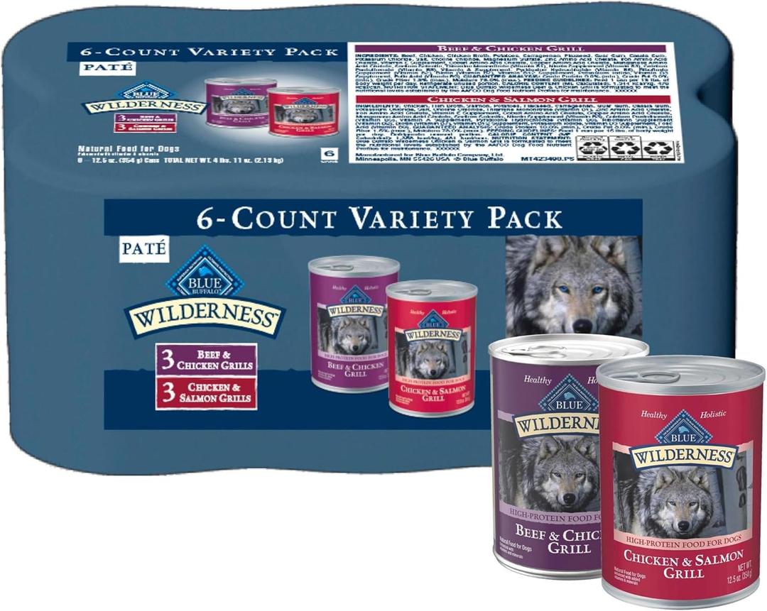 Blue Buffalo Wilderness High Protein Beef and Chicken & Salmon and Chicken Wet Dog Food Variety Pack for Adult Dogs, Grain-Free, 12.5 oz Cans (6 Pack) (EXP 09/09/28)