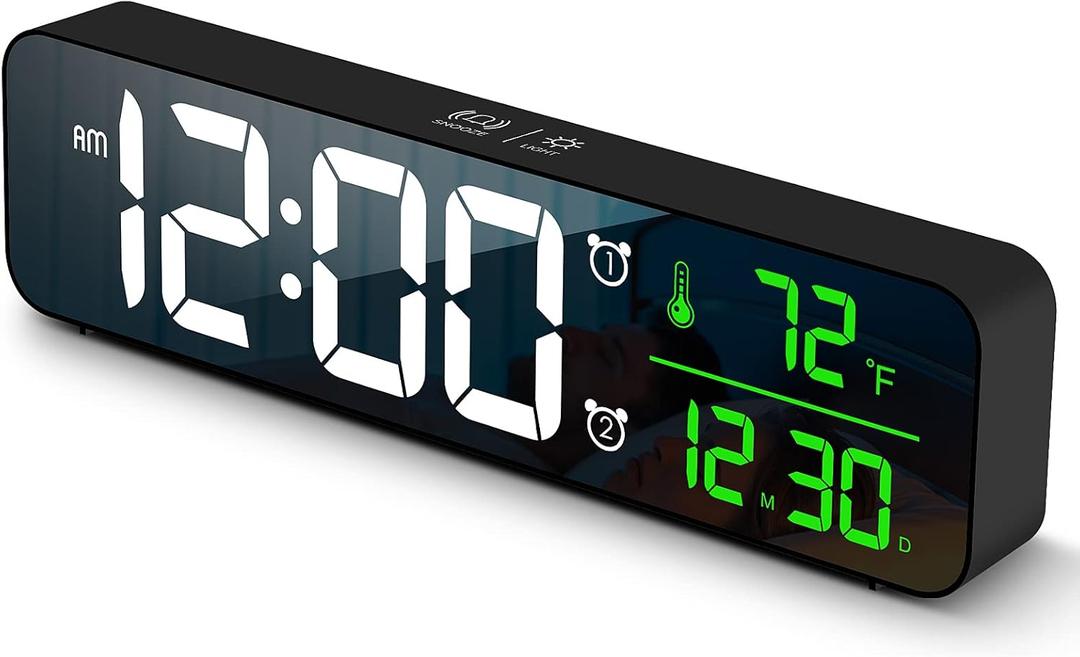 Digital Clock Large Display, Alarm Clock for Living Room Office Bedroom Decor, LED Corded Electric, Date Temp Display Wall Clock, Automatic Brightness Dimmer Smart Cool Modern Desk Accessories Black