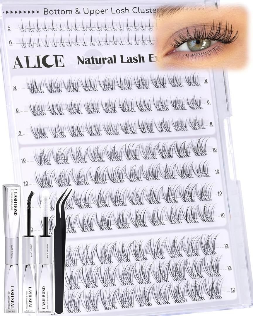 ALICE Short Lash Clusters Kit 8mm-10mm-12mm Natural Clear Band Cluster Eyelash Extension Kit Wispy Eyelash Clusters Kit with Bottom Lashes Bond and Seal DIY at Home