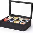 Alsonerbay Wooden Tea Box Tea Bag Holder Kitchen Storage Chest Box for Spice Pouches and Sugar Packets with 8 Compartments and Glass Window Weathered Black