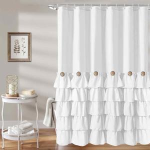 Seasonwood White Ruffle Shower Curtain Farmhouse Shower Curtain 72 X 84 inch Fabric Shower Curtains with Buttons & White Ruffles for Bathroom Bathtubs Decor Accessory