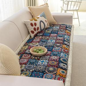 Non Slip Couch Cover for Dogs, Washable Pet Sofa Cover for 3 Cushion Couch, Boho Style Slipcover, Pet Friendly Furniture Protector (Blue, 27.6 x 59 in)