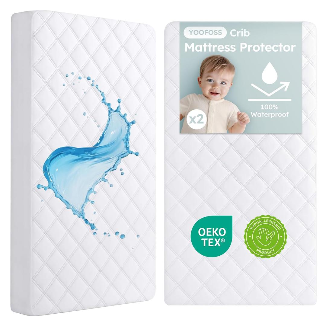Yoofoss Waterproof Crib Mattress Protector 2 Pack, Quilted Crib Mattress Pad Cover Ultra Soft and Breathable, Machine Washable Toddler Mattress Protector for Standard Baby Crib Size 52''x28'' (White)