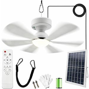 Solar Ceiling Fan Light, Portable Gazebo Fan with 15W Solar Powered Fans with Remote Control, Rechargeable Battery Operated Portable Outdoor Camping Fans for Outside, Patio, Canopy, Shed, RV, Tent, Fan diameter: 16.5inches/42cm