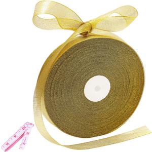 100 Yards Gold Glitter Ribbon 1 Inch, Sparkly Width Solid Fabric Ribbon for Gift Wrapping, Crafts, Holiday Wedding Birthday Party Decoration Flower Bouquet, Metallic Gold Ribbon Roll