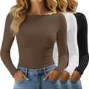 Huukeay 3 Pack Women's Long Sleeve Tops Lettuce Trim Boat Neck Shirts Slim Fit Casual Basic Fitted Tees (White, L)